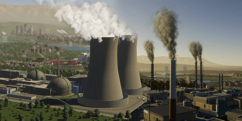 A chimney polluting the city in Cities Skylines 2