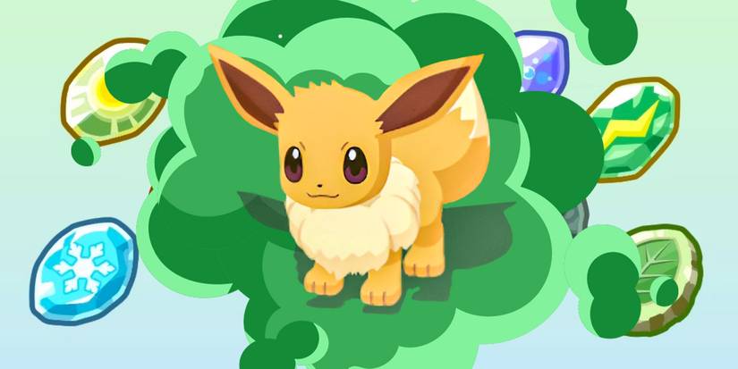 Eevee from Pokemon Sleep showcased over several evolution stones.