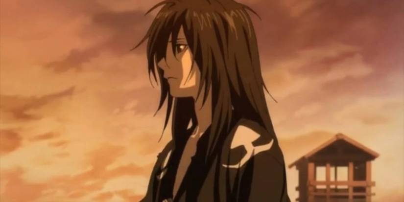 Hyakkimaru from Dororo looking worried in front of pink sky background