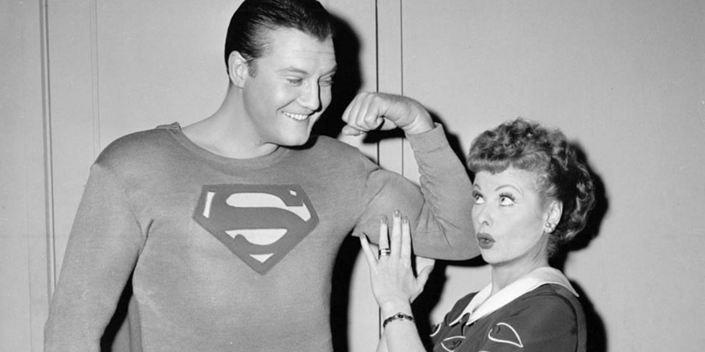 George Reeves flexing as Superman and Lucille Ball as Lucy in I Love Lucy