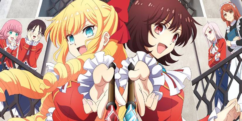 I'm in Love with the Villainess anime banner, featuring Rae and Claire posing together