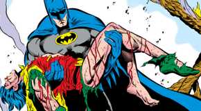 A distraught Batman carrying the limp, bloody body of Jason Todd in