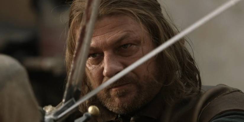 Ned Stark (Sean Bean) cruzando espadas com Jaime Lannister (Nikolaj Coster-Waldau) em Game of Thrones