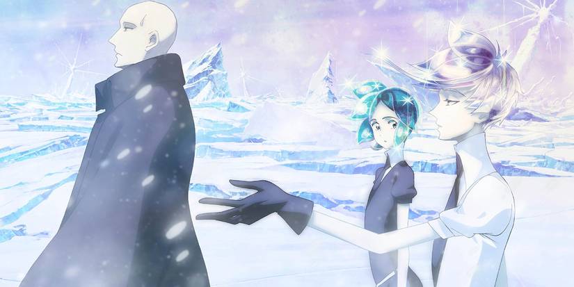Land of the Lustrous character Master Kongo leading Phosphophyllite and Antarcticite through snow with mountains behind them