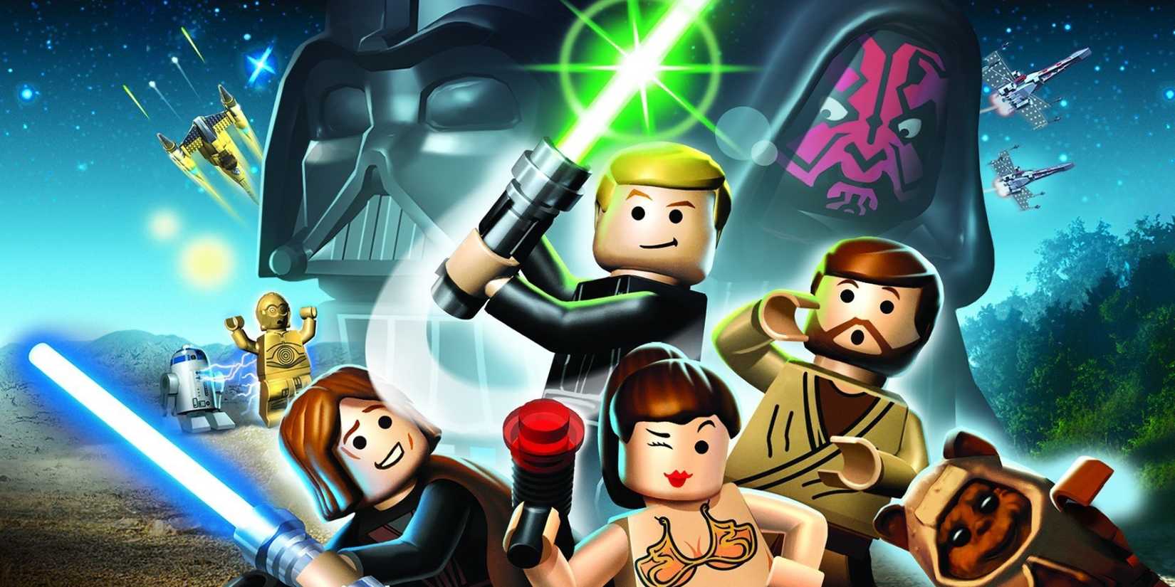A number of Star Wars characters as LEGO minifigures, all posed for poster artwork.