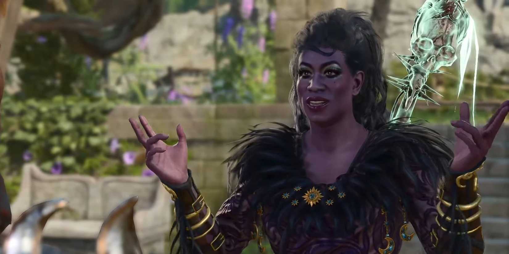 A smiling Lucretious with open hands in a screenshot from Baldur's Gate 3.