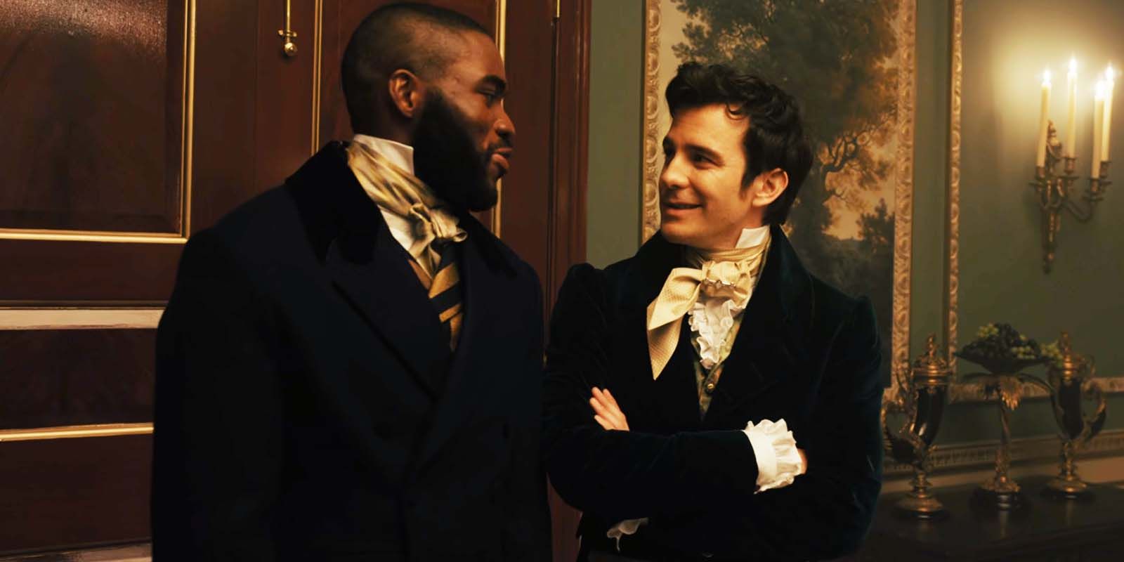 Luke Thompson as Benedict Bridgerton and Martins Imhangbe as Will Mondrich in Bridgerton season 2