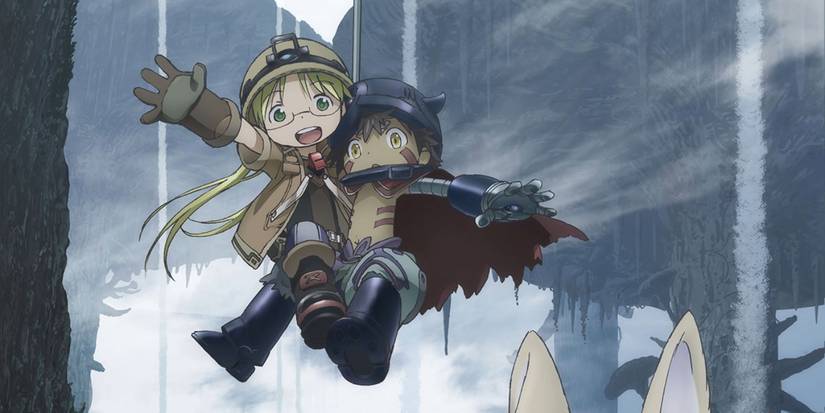 Made in Abyss characters Riko and Reg flying together