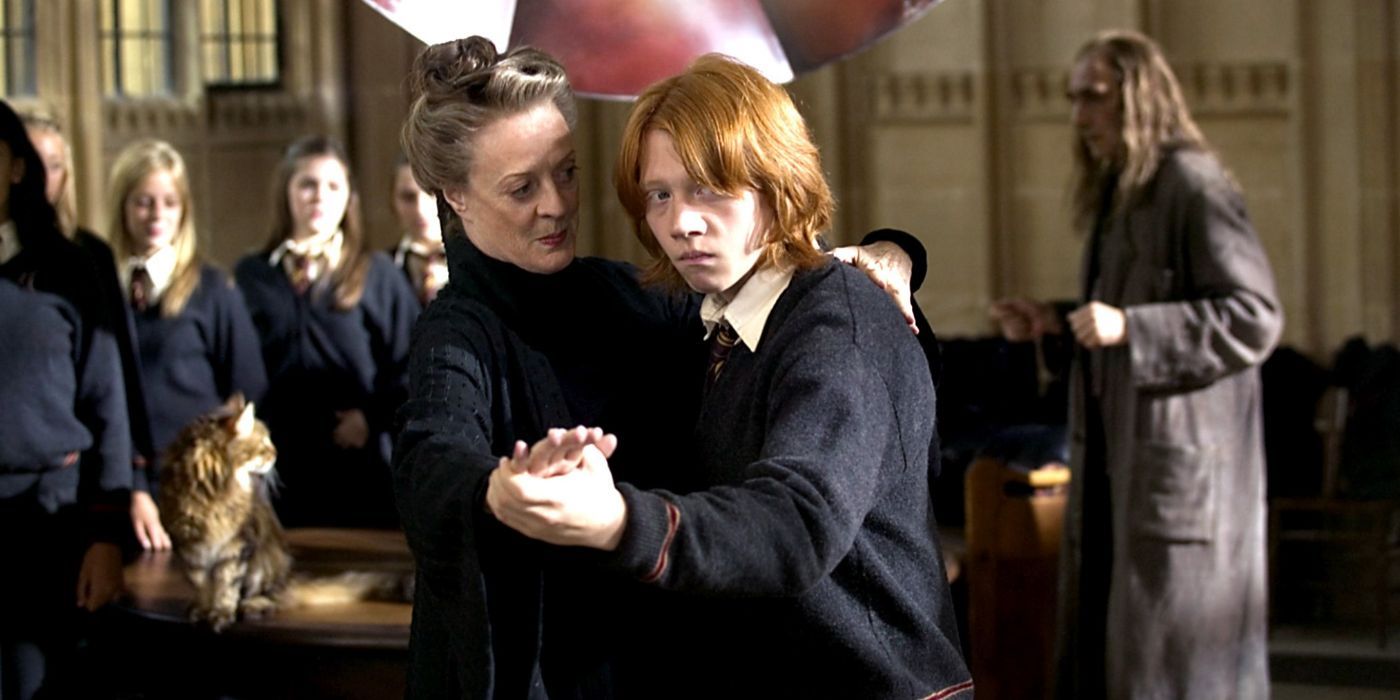 Maggie Smith as Minerva McGonagall and Rupert Grint as Ron Weasley dancing in Harry Potter 