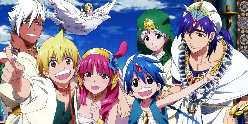 Magi The Labyrinth of Magic, Featuring Aladdin, Alibaba, and Others smiling in front of blue sky with clouds