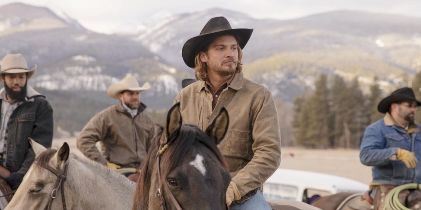 Kayce Dutton on a horse with other men behind him in Yellowstone