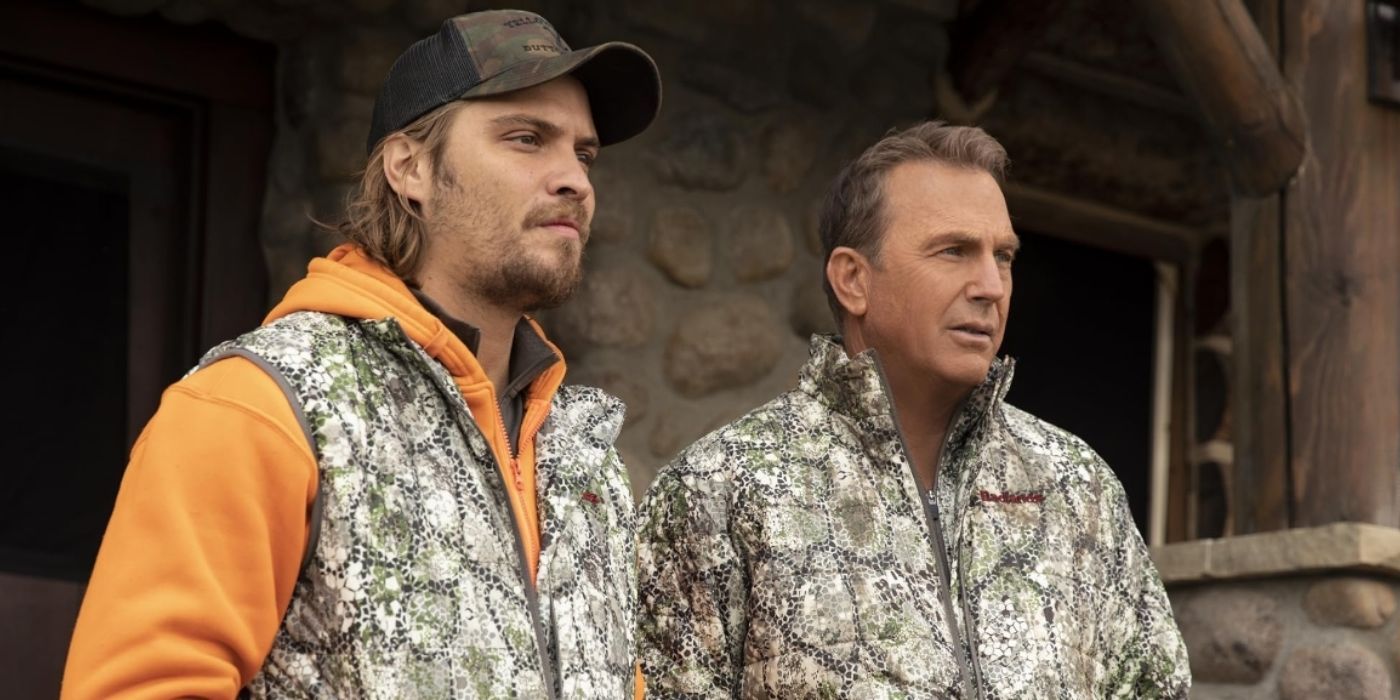 Kayce and John Dutton wearing their camouflage outfits while at a lodge in Yellowstone
