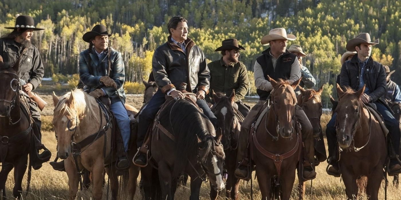 The Yellowstone ranchers on horseback with Thomas Rainwater in the Yellowstone pilot