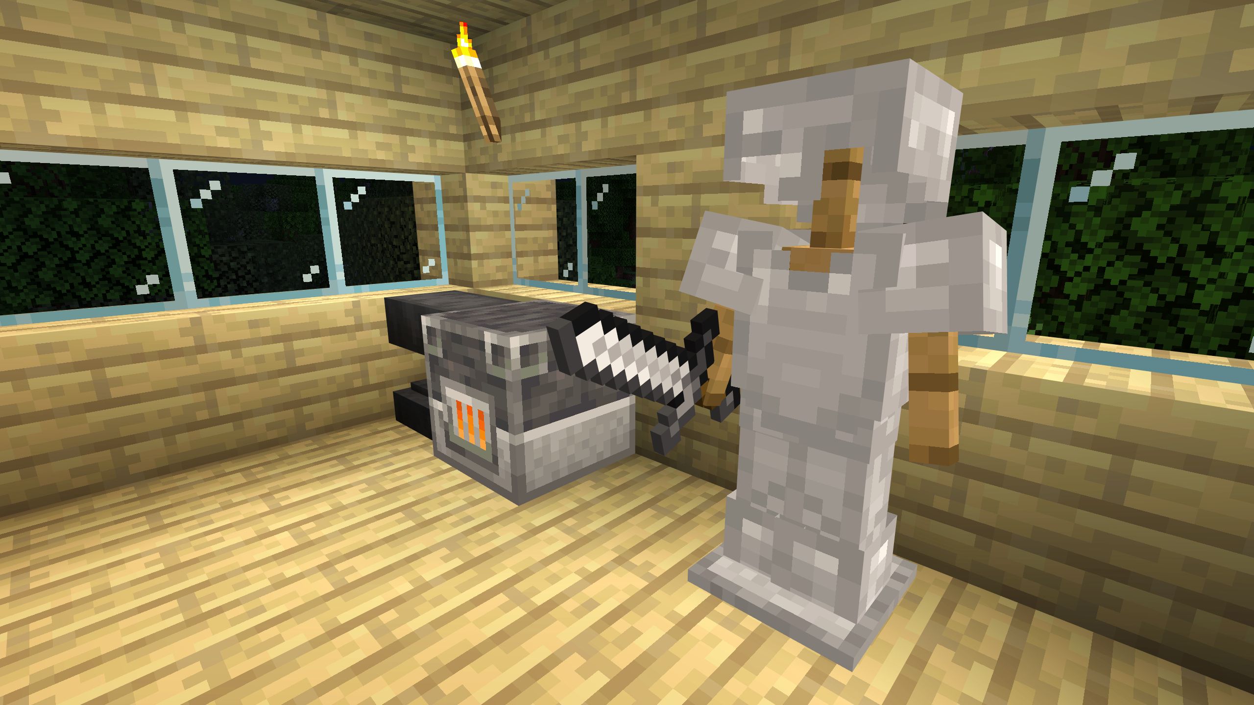 Casa de madera de abedul de Minecraft con yunque de hierro, alto horno y armazón de armadura con armadura de hierro y espada
