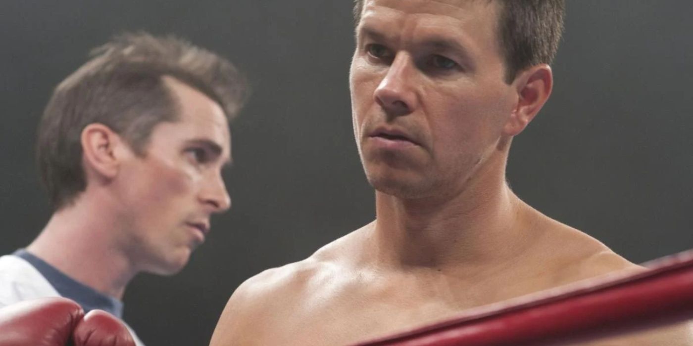 Christian Bale as Dicky Ecklund and Mark Wahlberg as Micky Ward inside the ring in The Fighter.