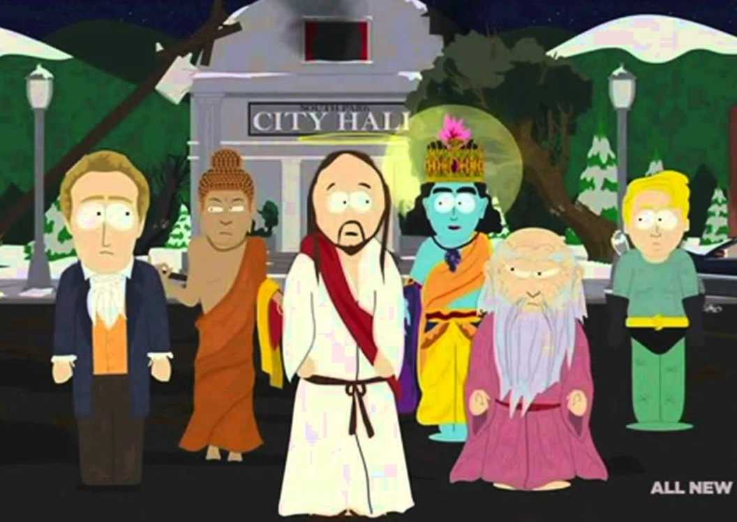 The Super Best Friends team from South Park outside a burning City Hall