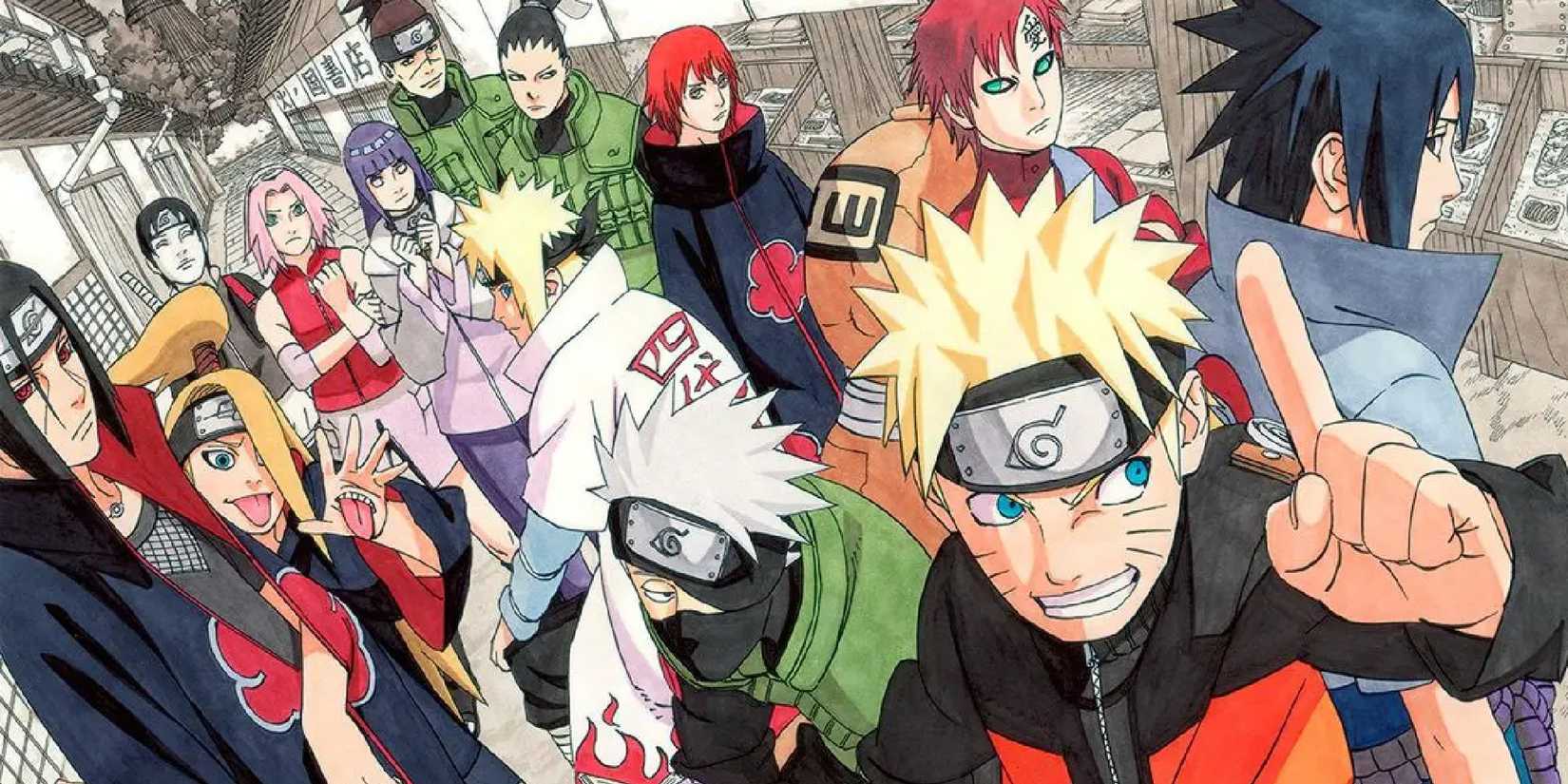 Naruto Shippuden manga cover depicting the series' cast with Naruto holding a finger up.