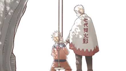 Image from Naruto's 20 anniversary celebration shows an adult Hokage Naruto standing next to the younger version of himself on the lonely swing.