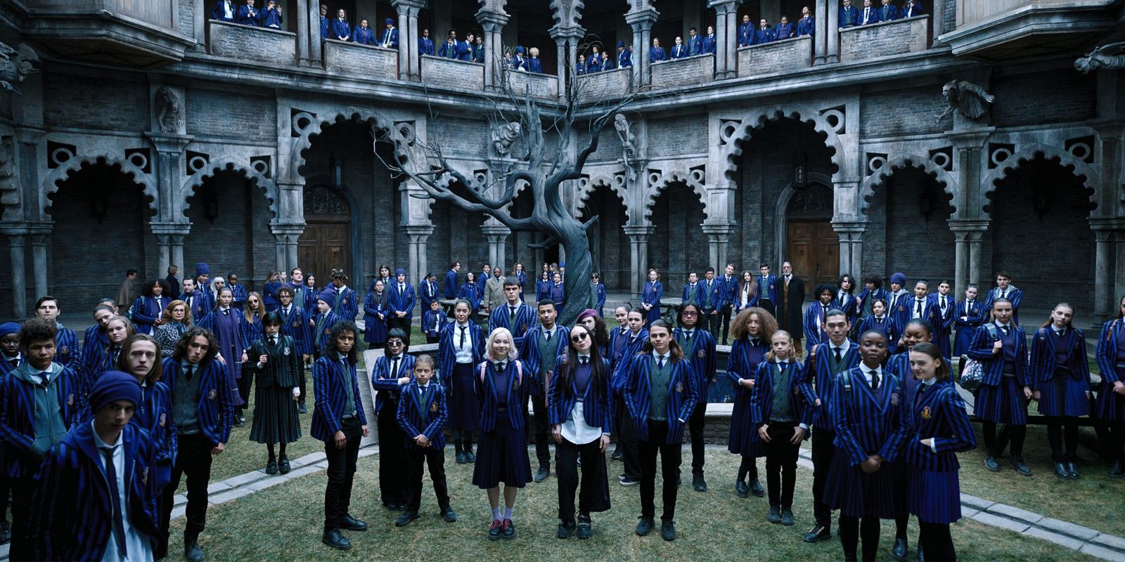 A wide shot of the Nevermore Academy students in Wednesday.