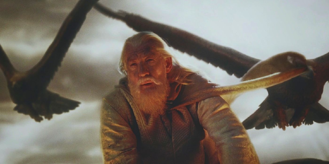 Gandalf riding an eagle in lord of the rings