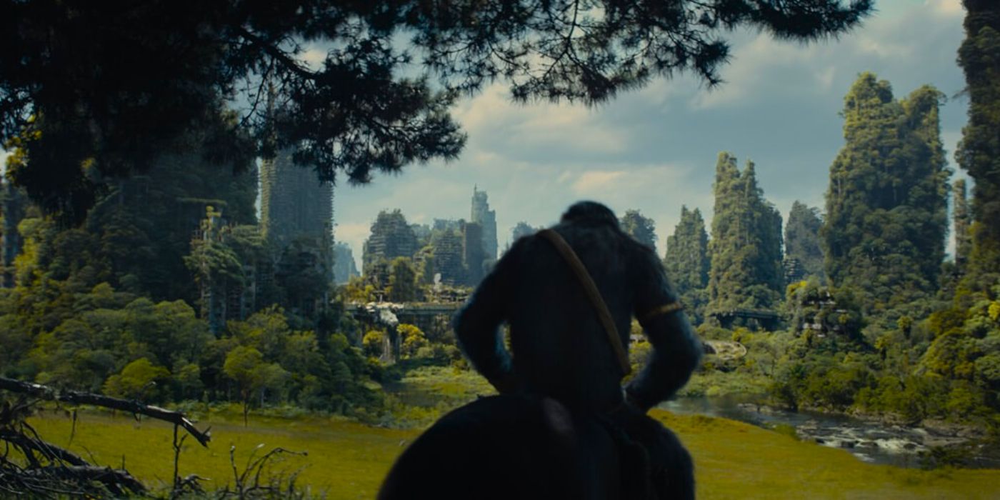 Kingdom of the planet of the apes image with an ape on horseback riding towards an overgrown city