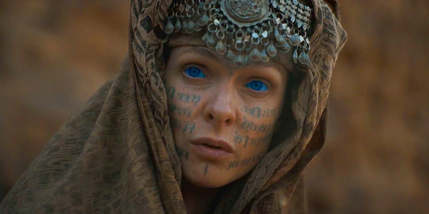 Rebecca Ferguson as Lady Jessica wearing traditional Fremen clothing in the deep desert in Dune Part Two