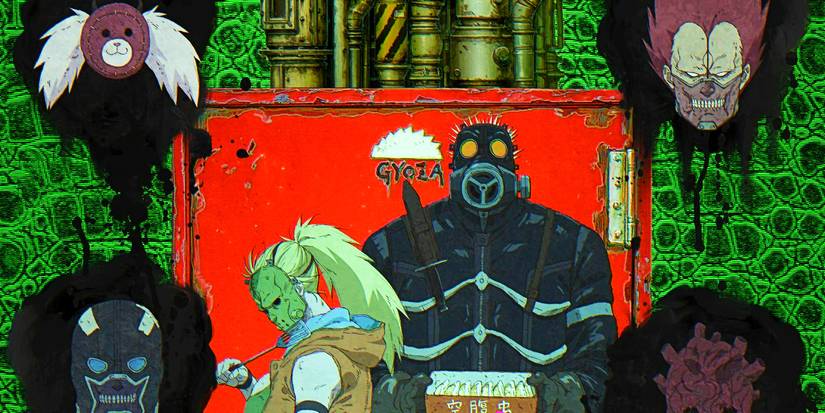 Dorohedoro characters Caiman and Nikaido wearing masks and standing in front of red door with more masks hanging on the walls behind them