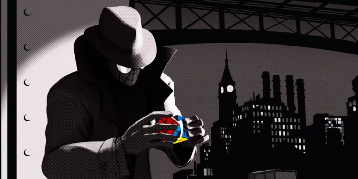 Spider-Man Noir toying with a Rubik's cube in Spider-Man: Into the Spider-Verse