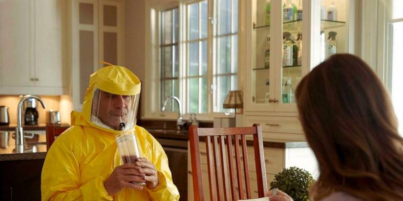 Mr. Monk is in a hazmat suit.