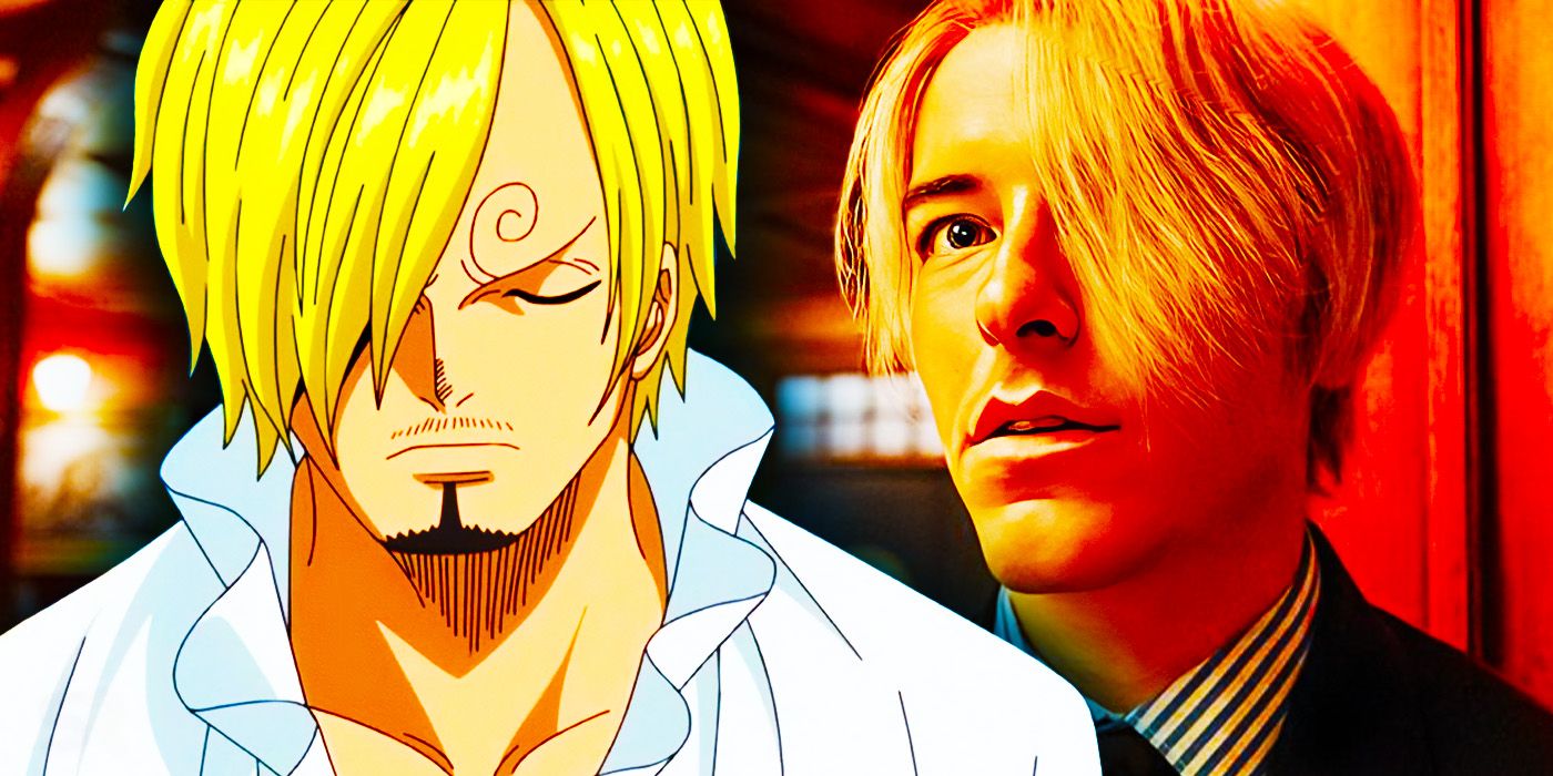 Sanji frowning in the One Piece anime and the live-action Sanji looking up at something