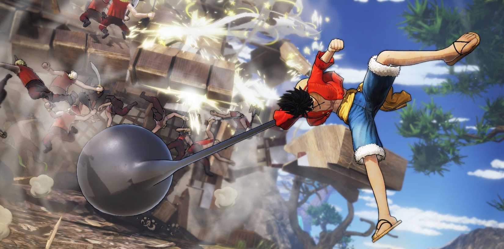 Luffy using his arm to destroy a bunch of pirates in One Piece. 