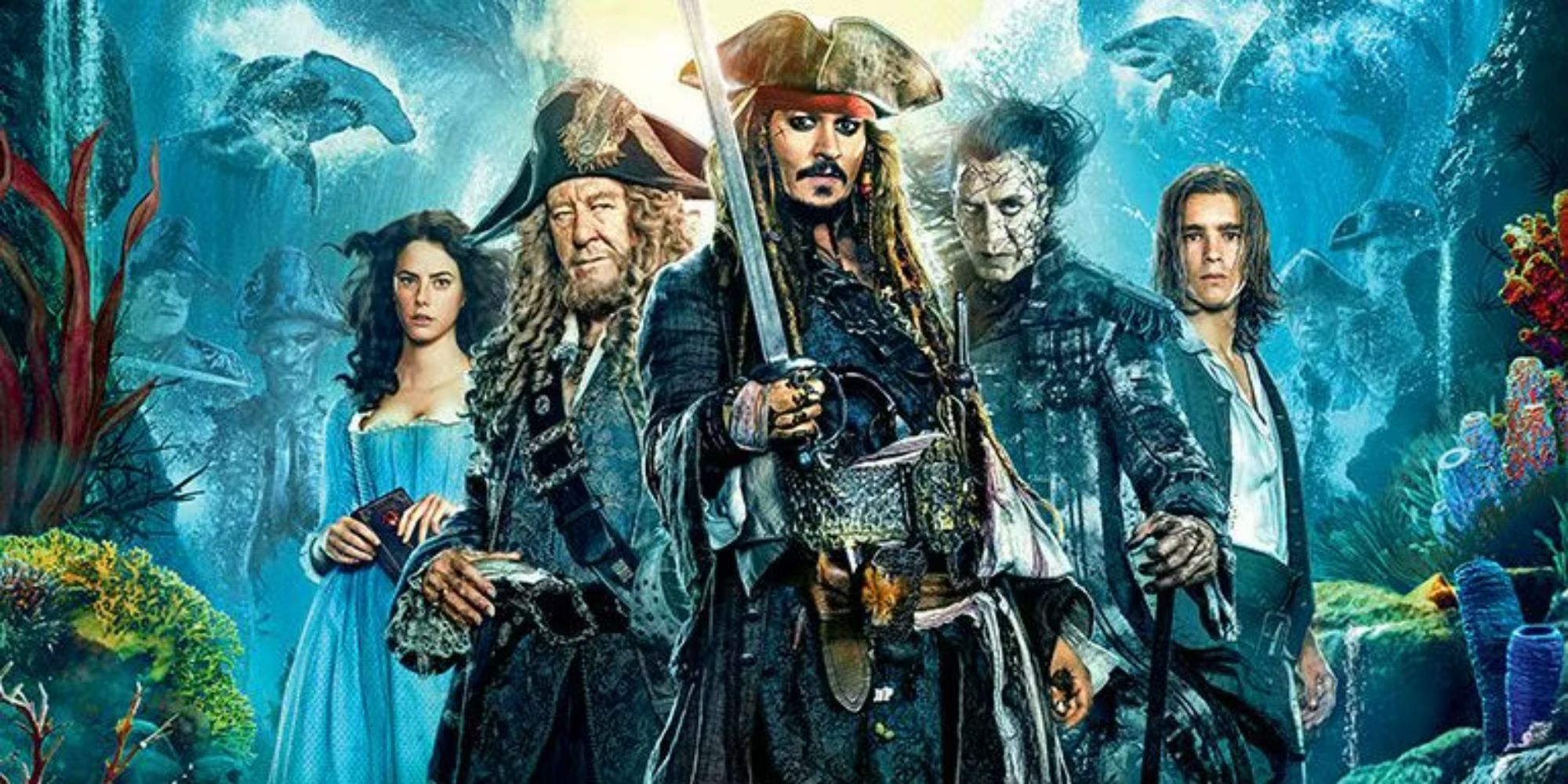 O pôster recortado de Piratas do Caribe: Dead Men Tell No Tales apresentando o elenco principal com Jack Sparrow de Johnny Depp na frente