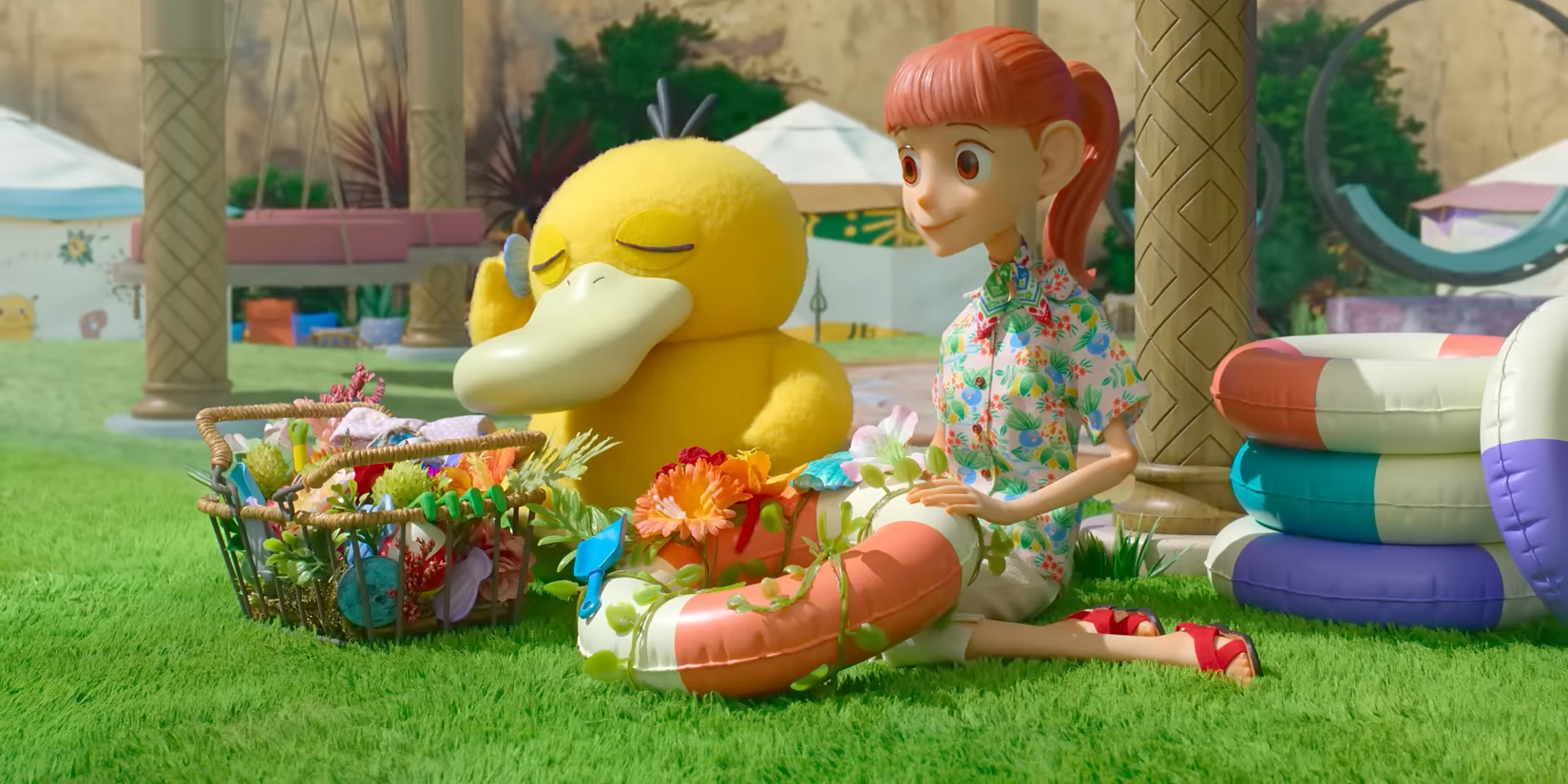 Момент из Pokémon Concierge, на котором Хару и Psyduck сидят вместе.