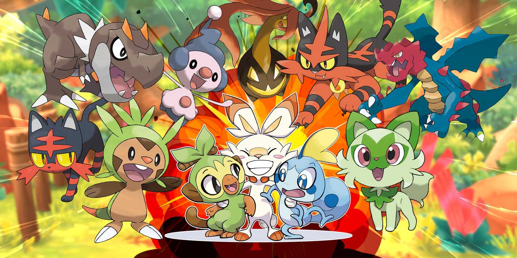 Verschiedene lächelnde Pokémon versammelten sich um einen zentralen Scorbunny.