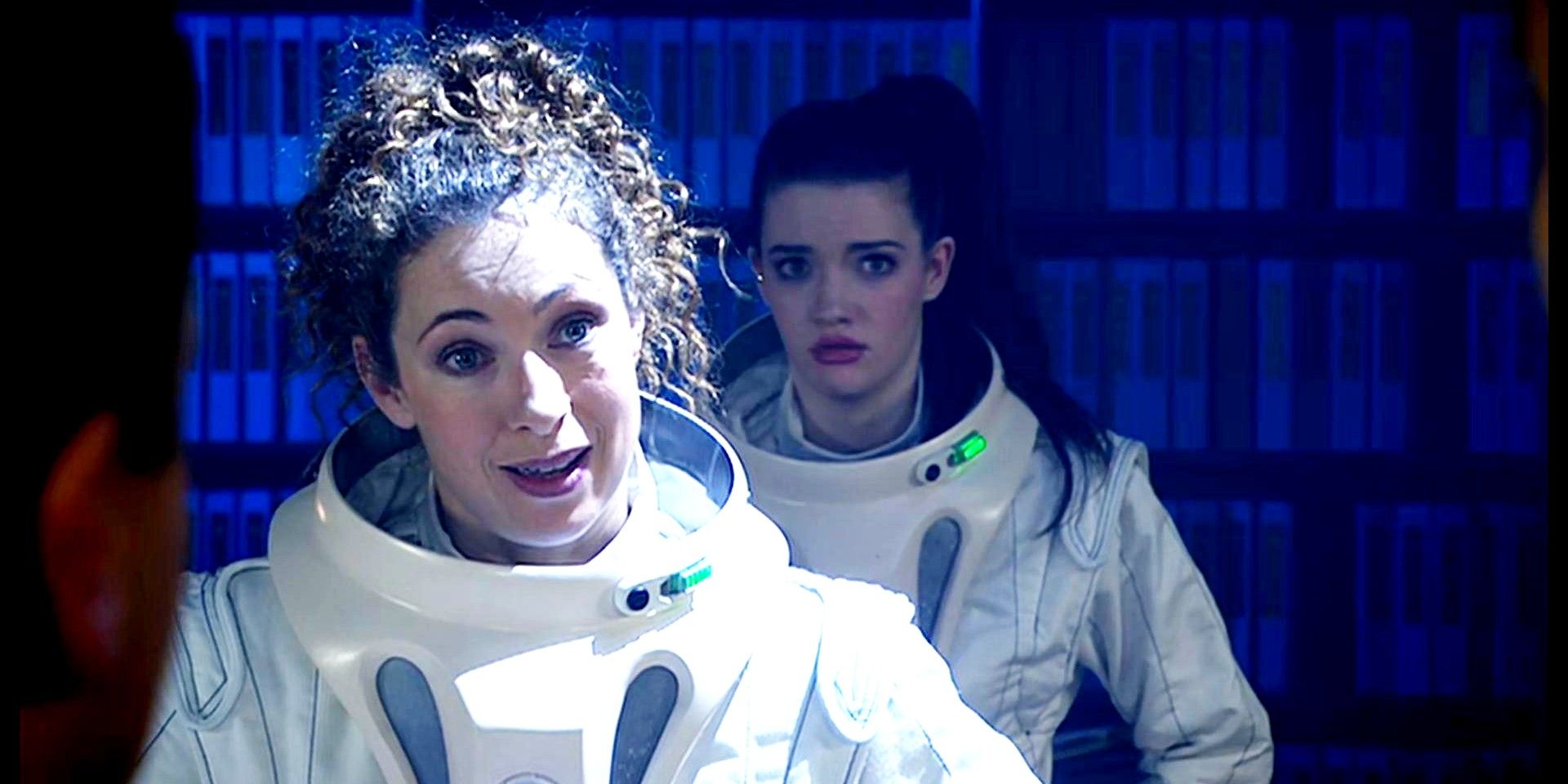 Alex Kingston as River Song wearing an astronaut suit in Doctor Who