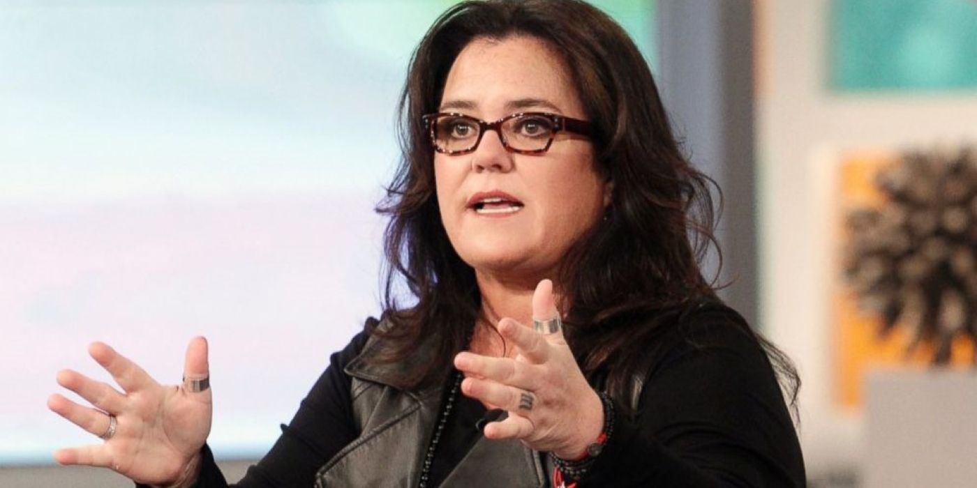 Rosie O'Donnell from The View talking with her hands outraised.