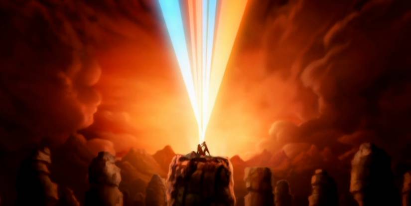 Aang taking away Ozai's bending with blue and red lights flashing up in Avatar: The Last Airbender.
