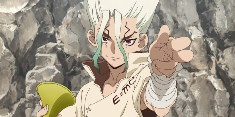Senkuu in Dr Stone holding out his hand while holding an object.