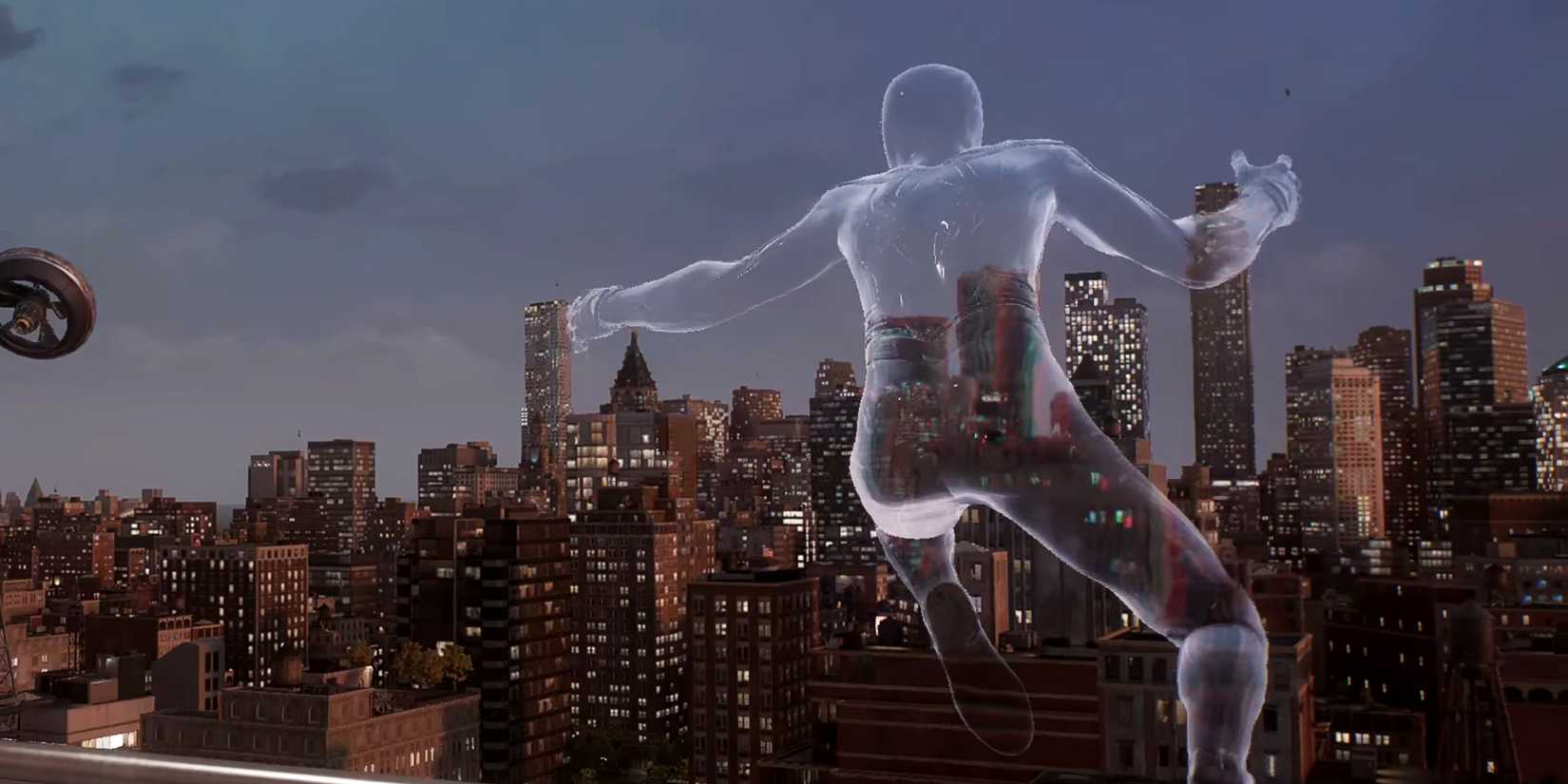 Miles turning invisible as he leaps off of a balcony.