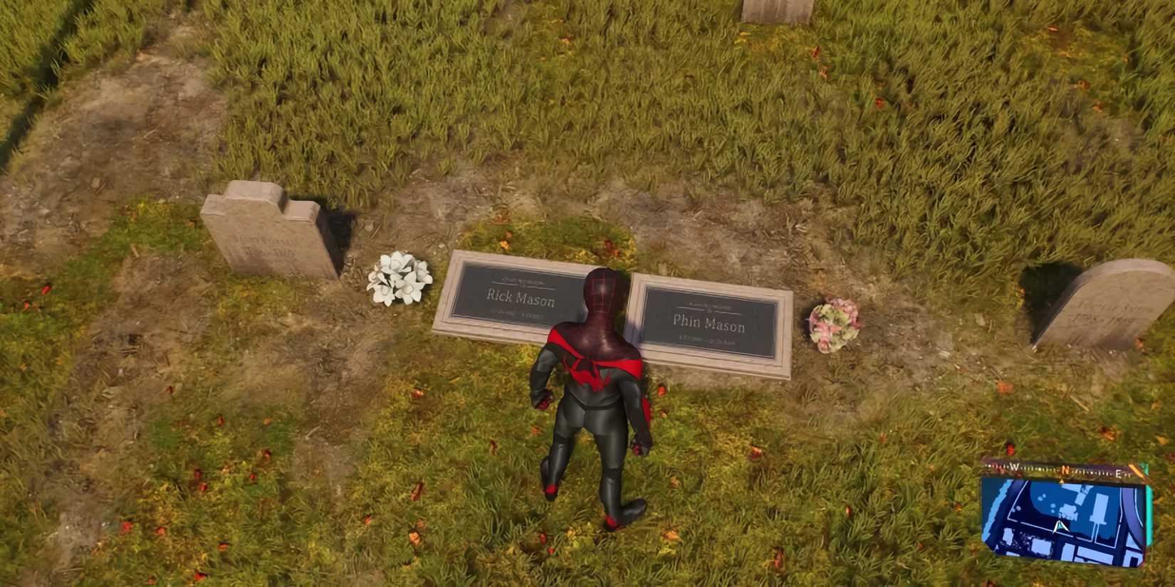 Miles standing over two gravestones, one reading Rick Mason, and the other reading Phin Mason.