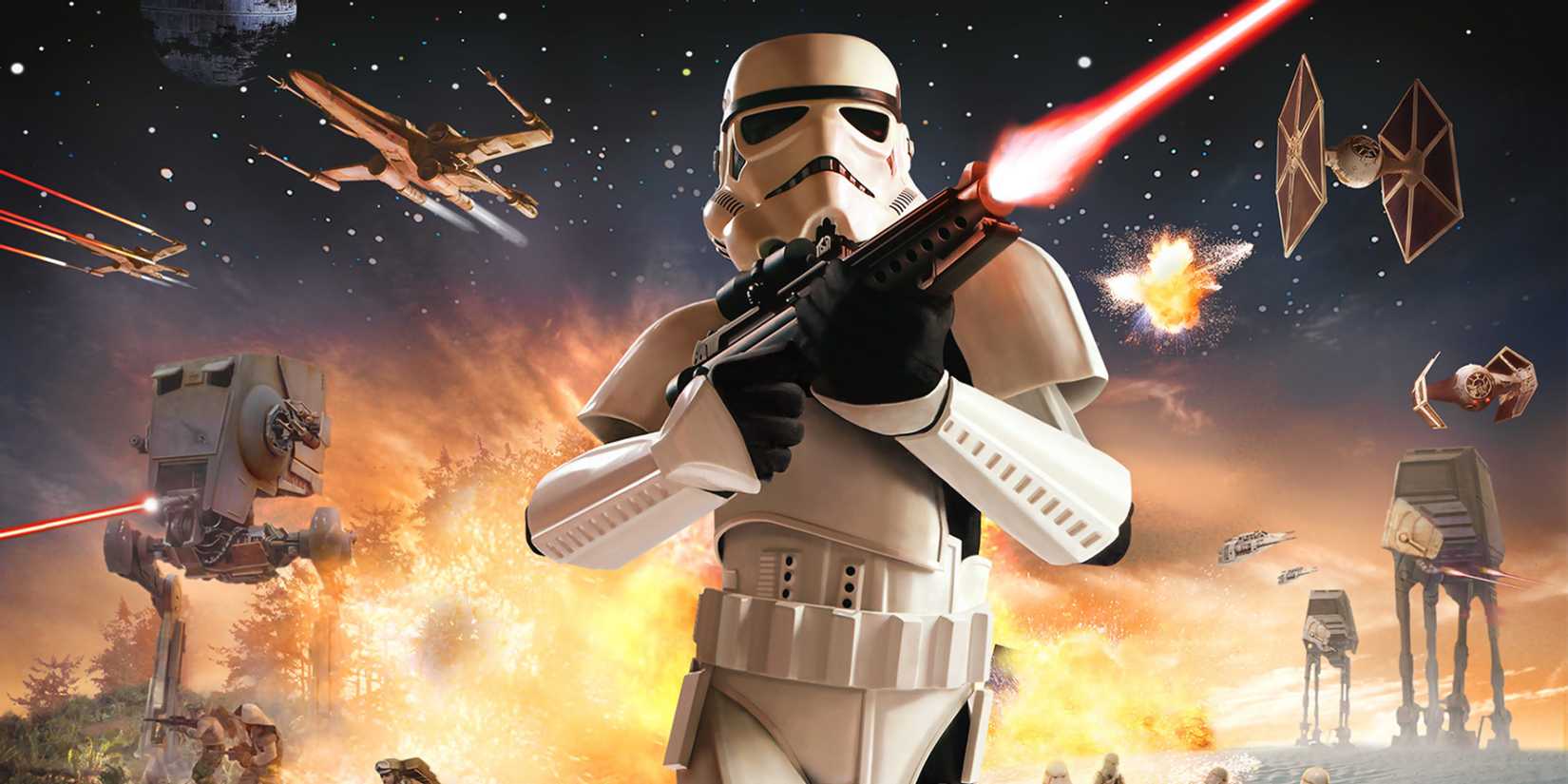 A soldier in a sci-fi, all-white suit of armor firing a laser gun, with mechs and spaceships mid-battle in the background.