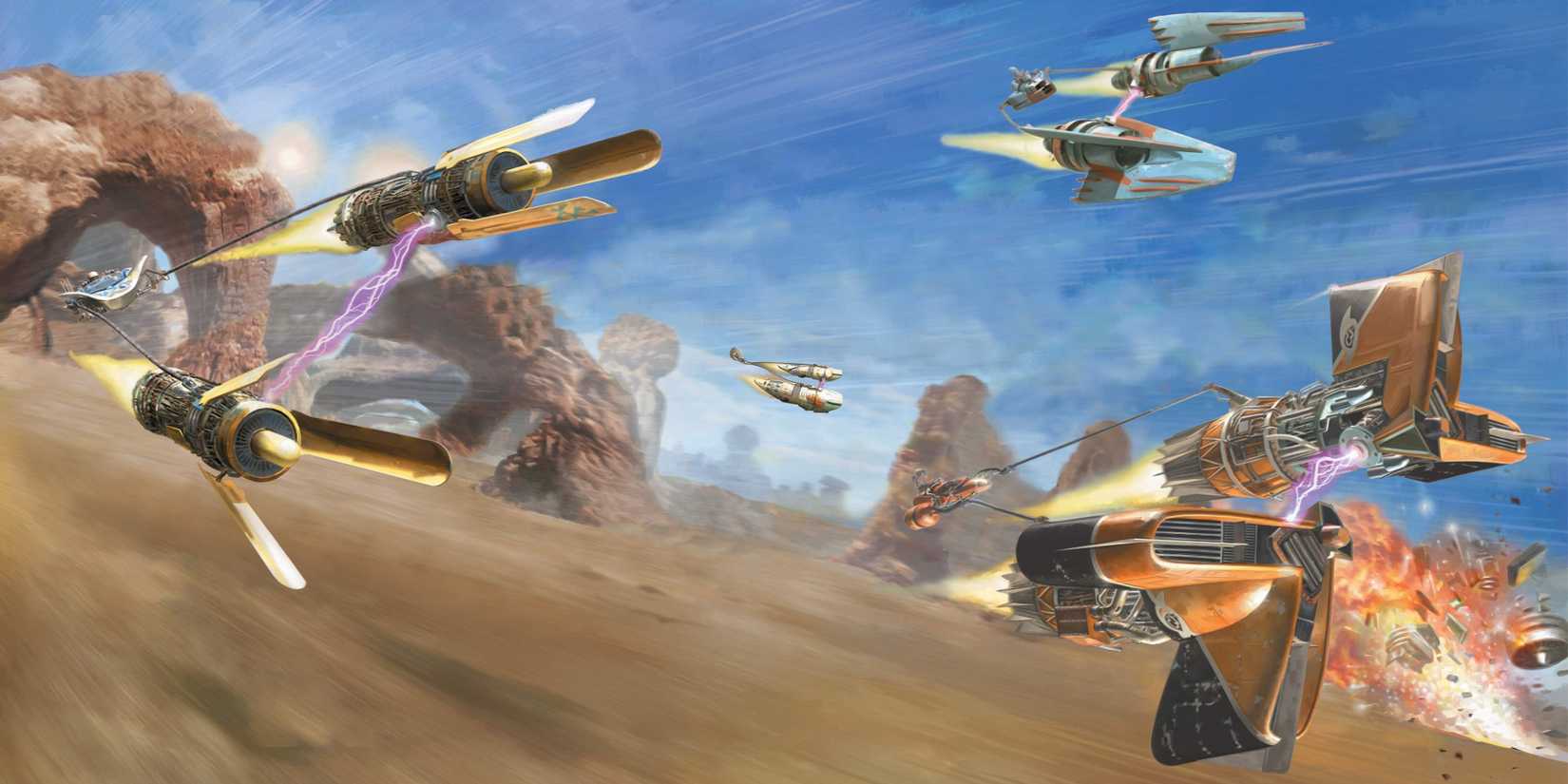Four podracers from Star Wars competing on a desert track. A fifth vehicle has crashed and is exploding on the ground below the others.