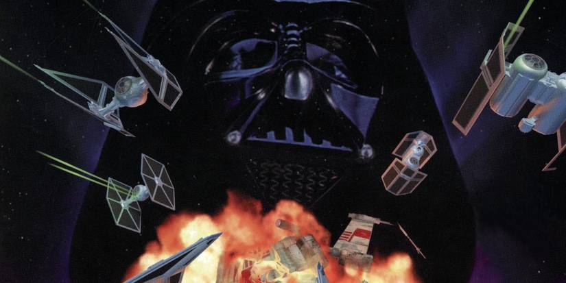  TIE Fighter, showing Darth Vader's helmet and mask behind a scene of multiple star fighters battling.