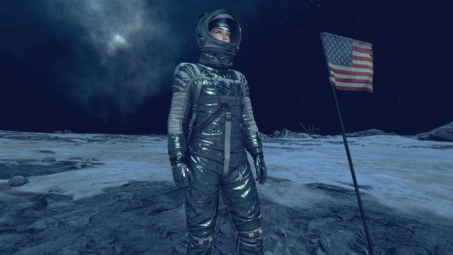 starfield-player-in-mercury-spacesuit-set-standing-near-american-flag-at-apollo-landing-site 20 Best Armor Sets In Starfield