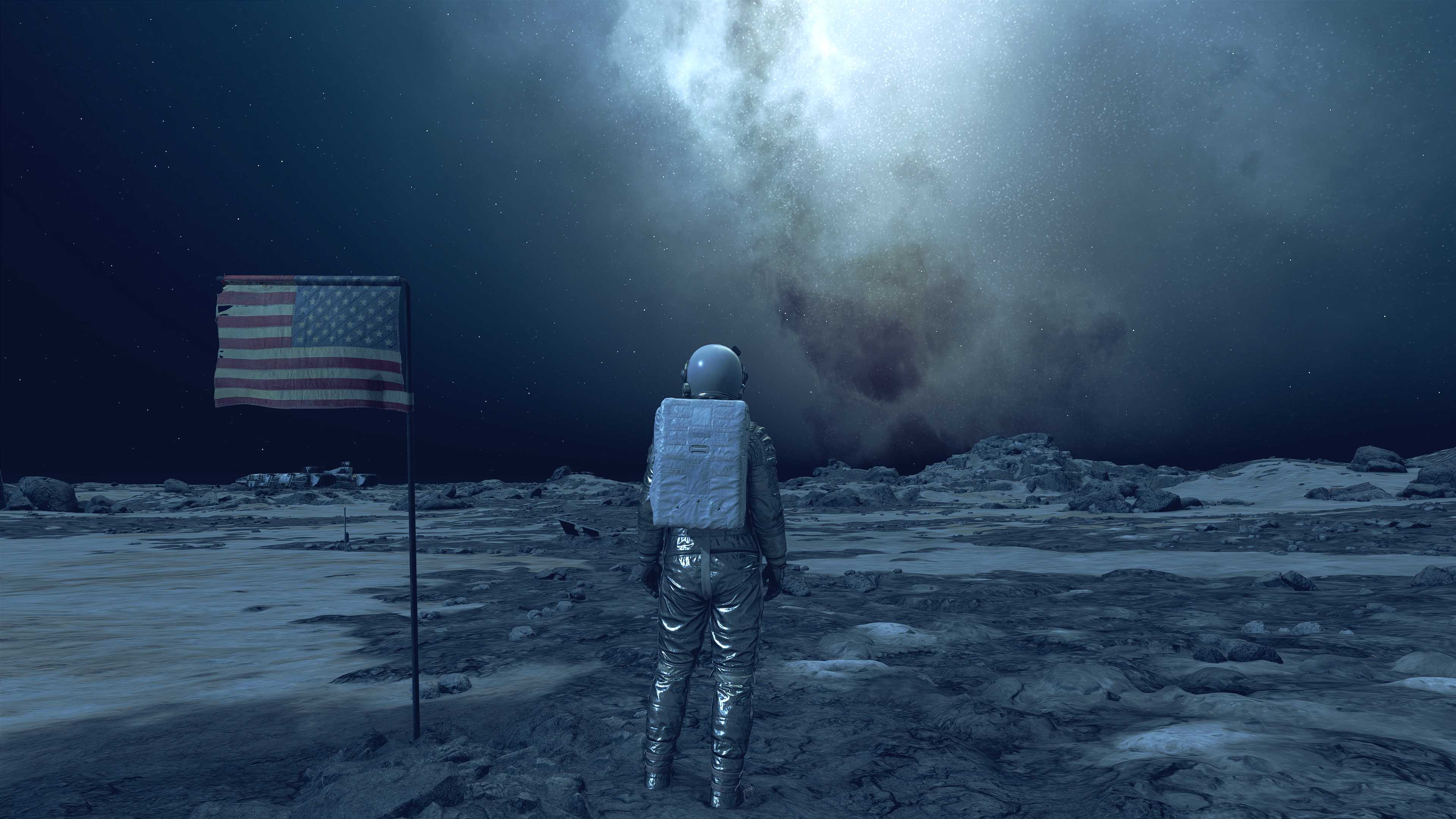 starfield-player-in-mercury-spacesuit-set-watching-stars-near-american-flag 20 Best Armor Sets In Starfield