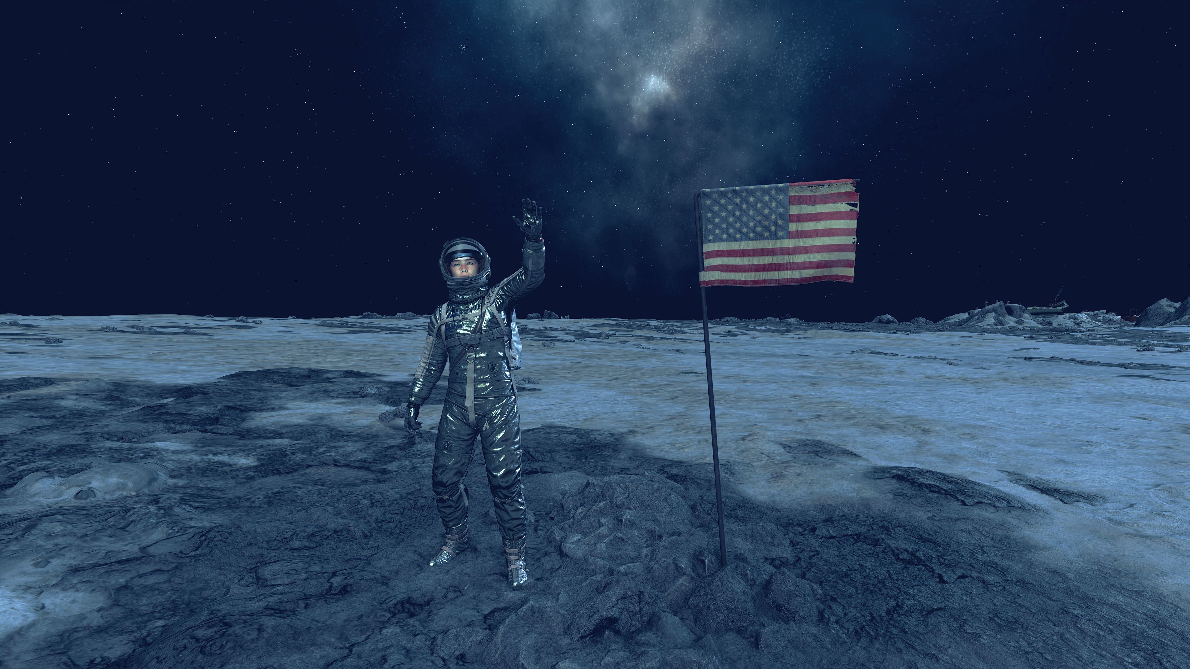 starfield-player-in-mercury-spacesuit-set-waving-near-american-flag-at-apollo-landing-site 20 Best Armor Sets In Starfield