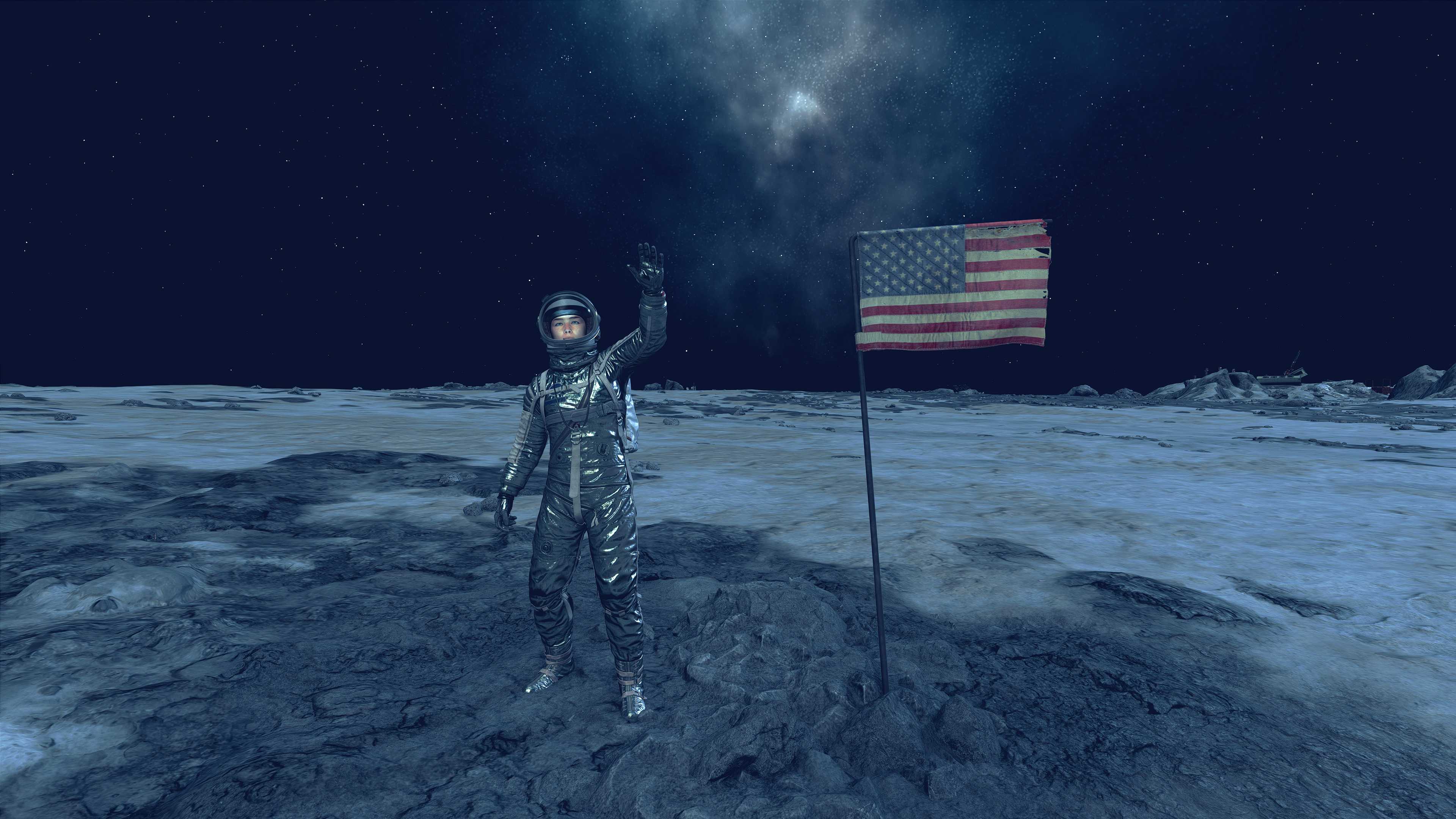 starfield-player-in-mercury-spacesuit-set-waving-near-american-flag-at-apollo-landing-site 20 Best Armor Sets In Starfield