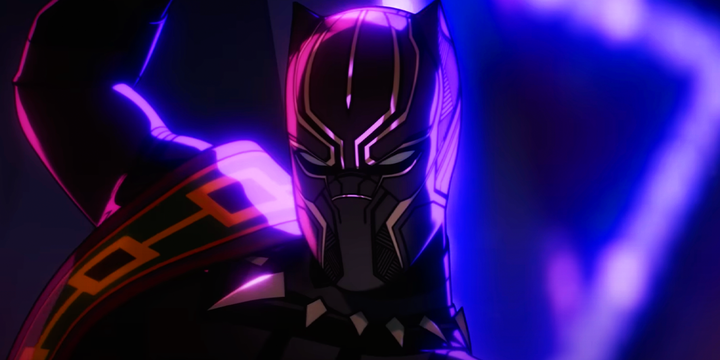 T'Chaka Black Panther in What If Season 2 with purple lighting over him