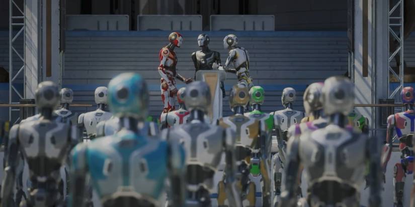 Three androids argue on a stage as a small crowd looks on in a screenshot from The Talos Principle 2.