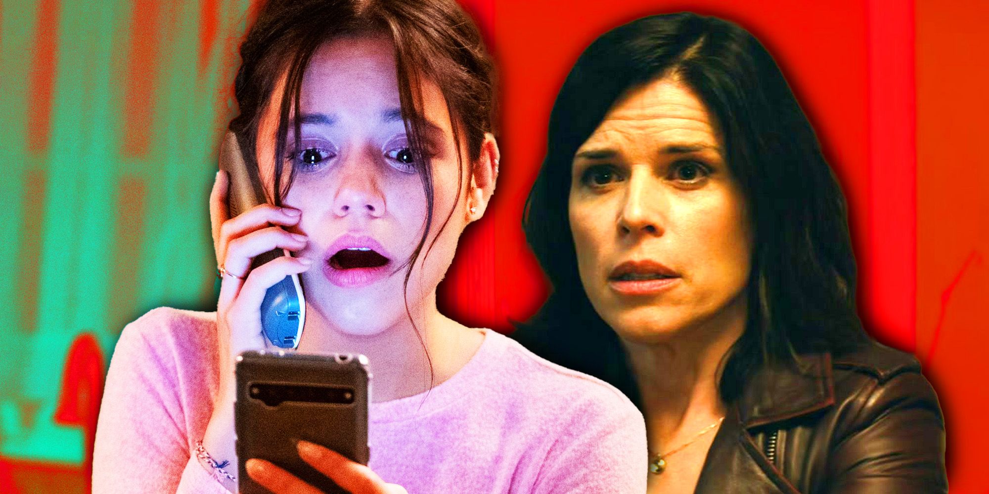 Tara de Jenna Ortega ao telefone chorando e assustada enquanto olha para um celular ao lado de Sidney surpreso em Pânico.